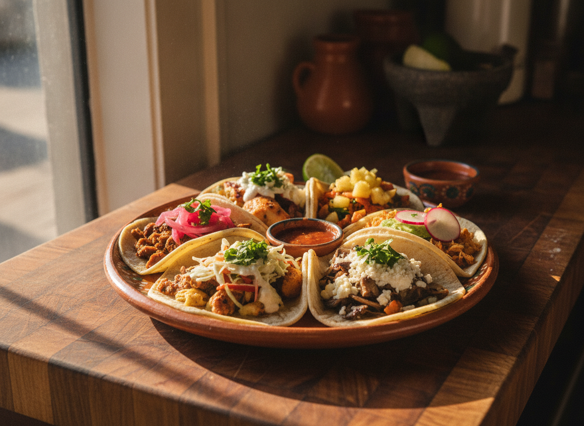 A plate of tacos in morning light