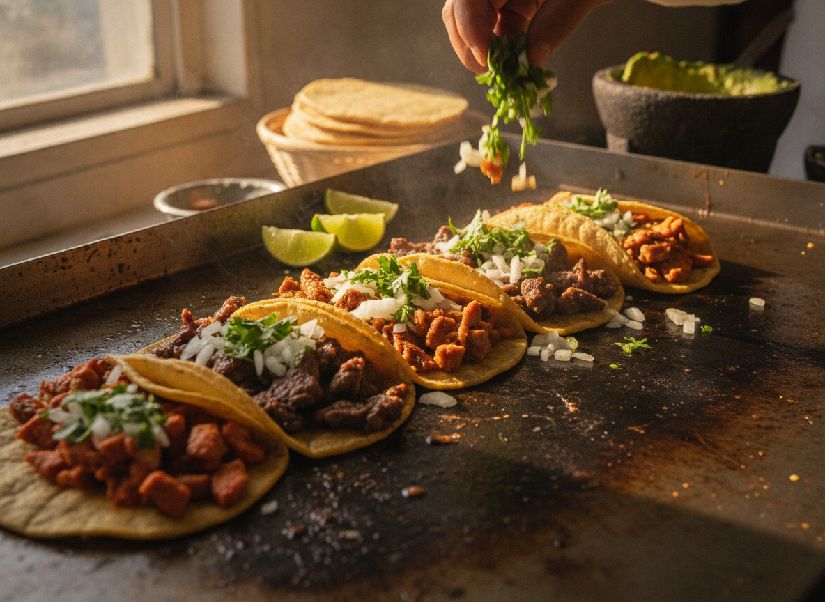 Tacos cooking on the griddle