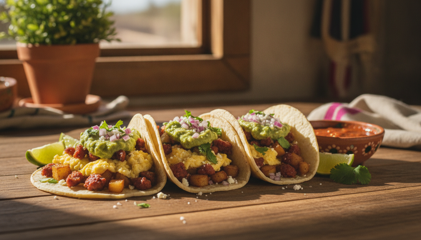 Close-up of fresh handmade tacos on a rustic plate