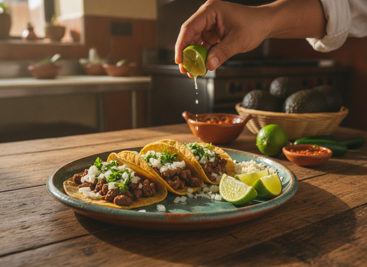 Taco plate with garnish and lime