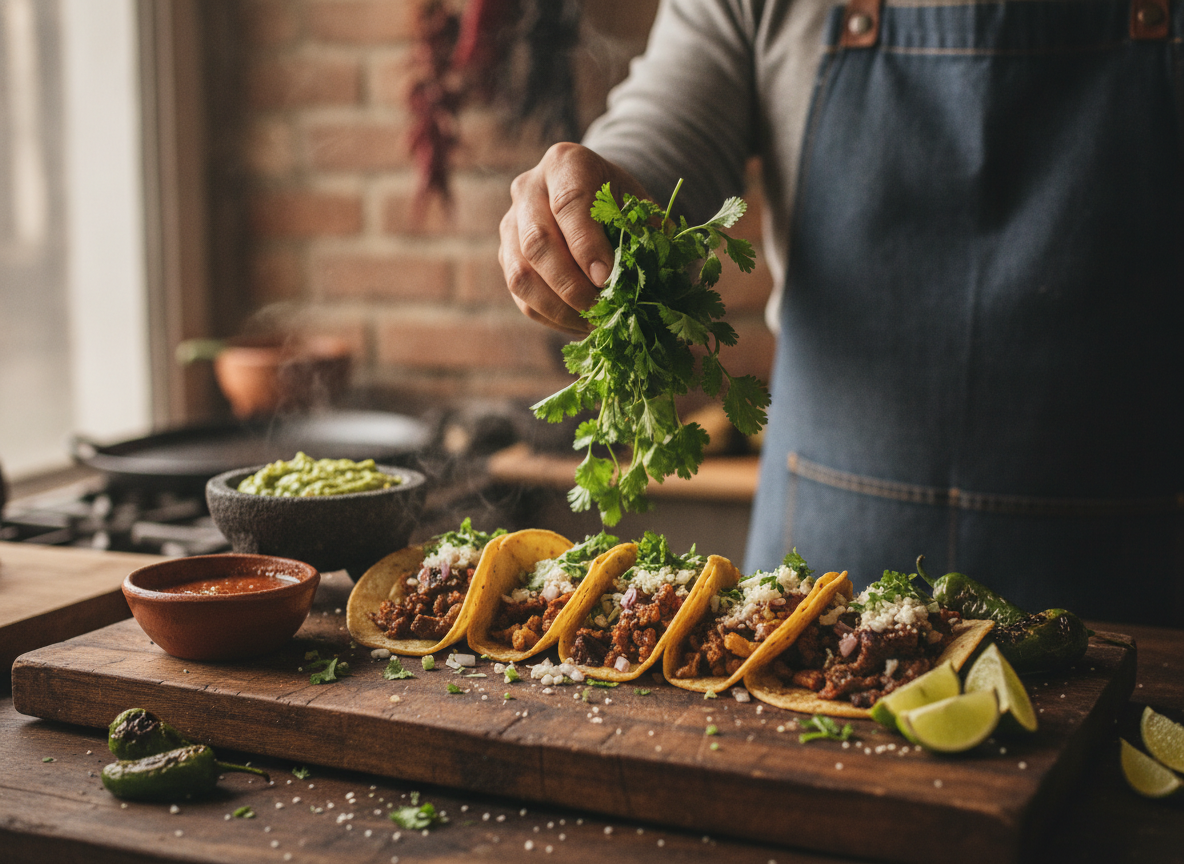 Hands assembling fresh tacos with cilantro and onion